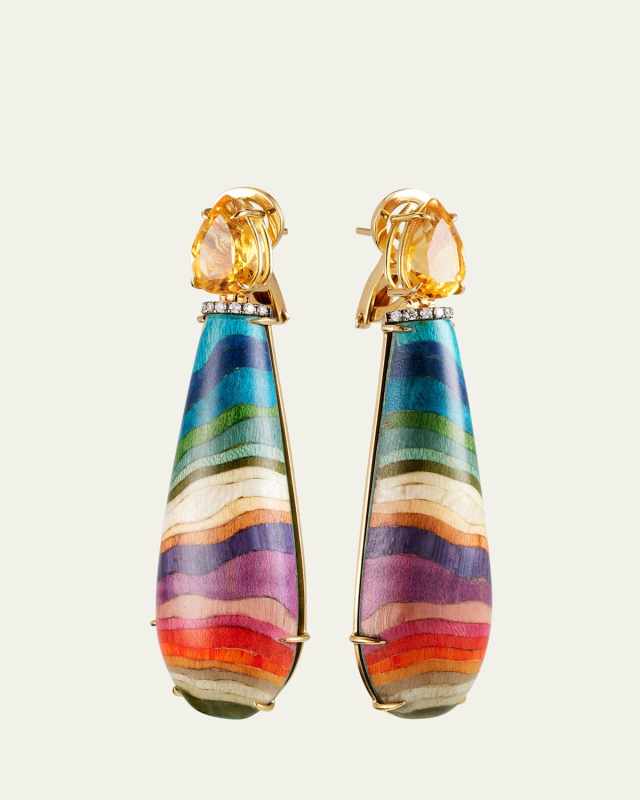 Marquetry 18K Gold Multi-Color Drop Earrings with Citrine and Diamonds